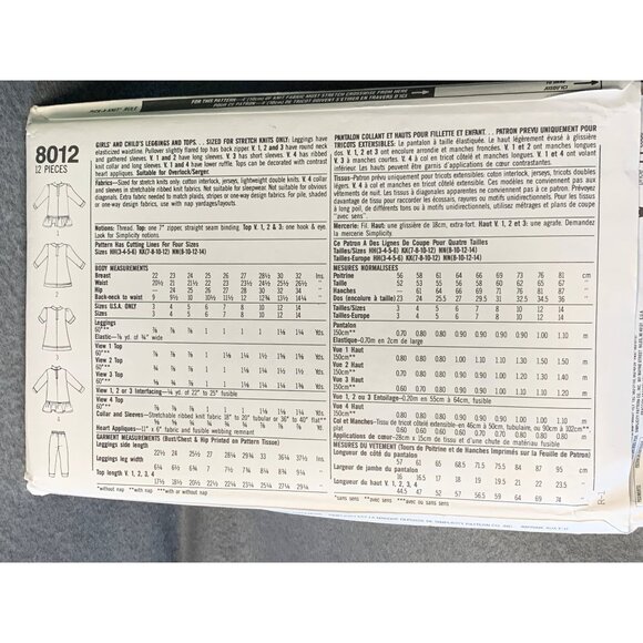 Simplicity Girls Leggings Tops Sewing Pattern Sz 7-12 8012 - uncut - Picture 3 of 4